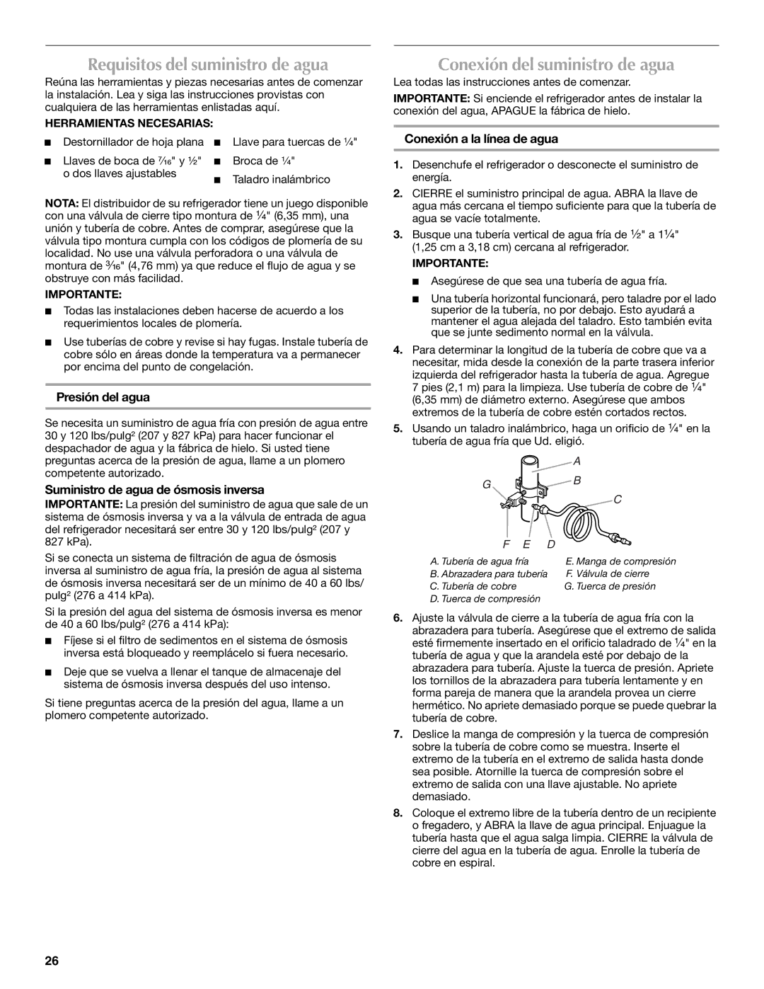 Maytag W10359302A Requisitos del suministro de agua, Conexión del suministro de agua, Presión del agua 