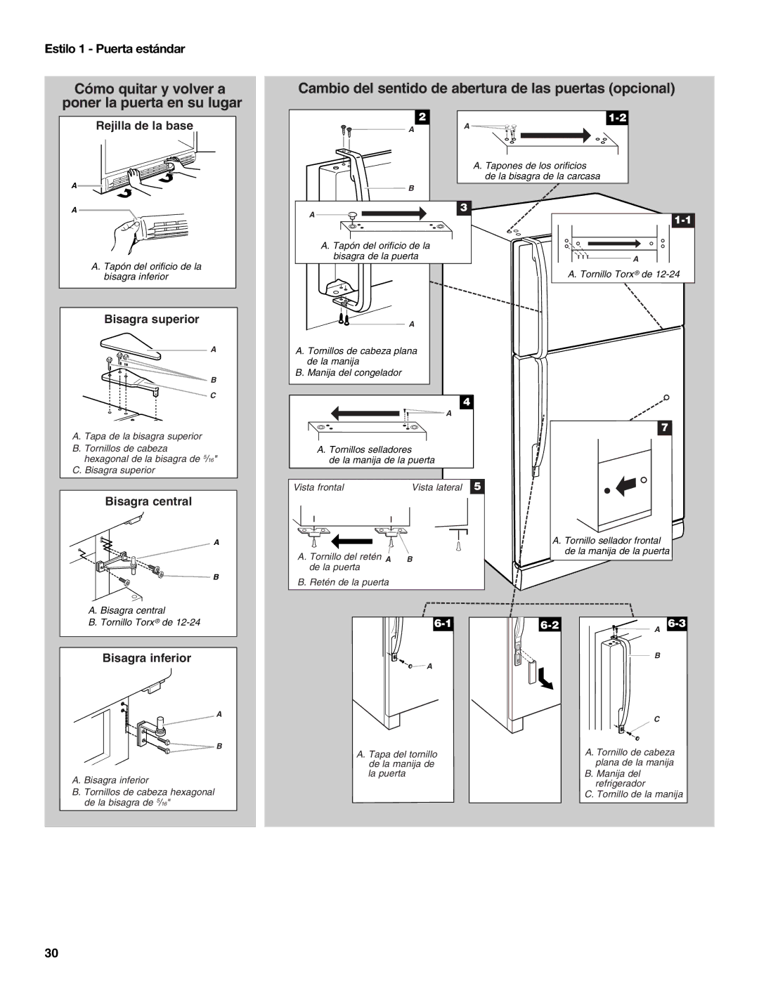 Maytag W10359302A installation instructions Estilo 1 Puerta estándar, Bisagra superior 