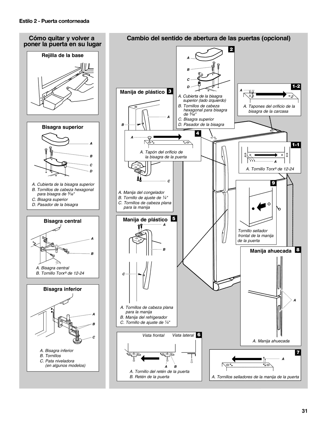 Maytag W10359302A installation instructions Cómo quitar y volver a poner la puerta en su lugar, Estilo 2 Puerta contorneada 