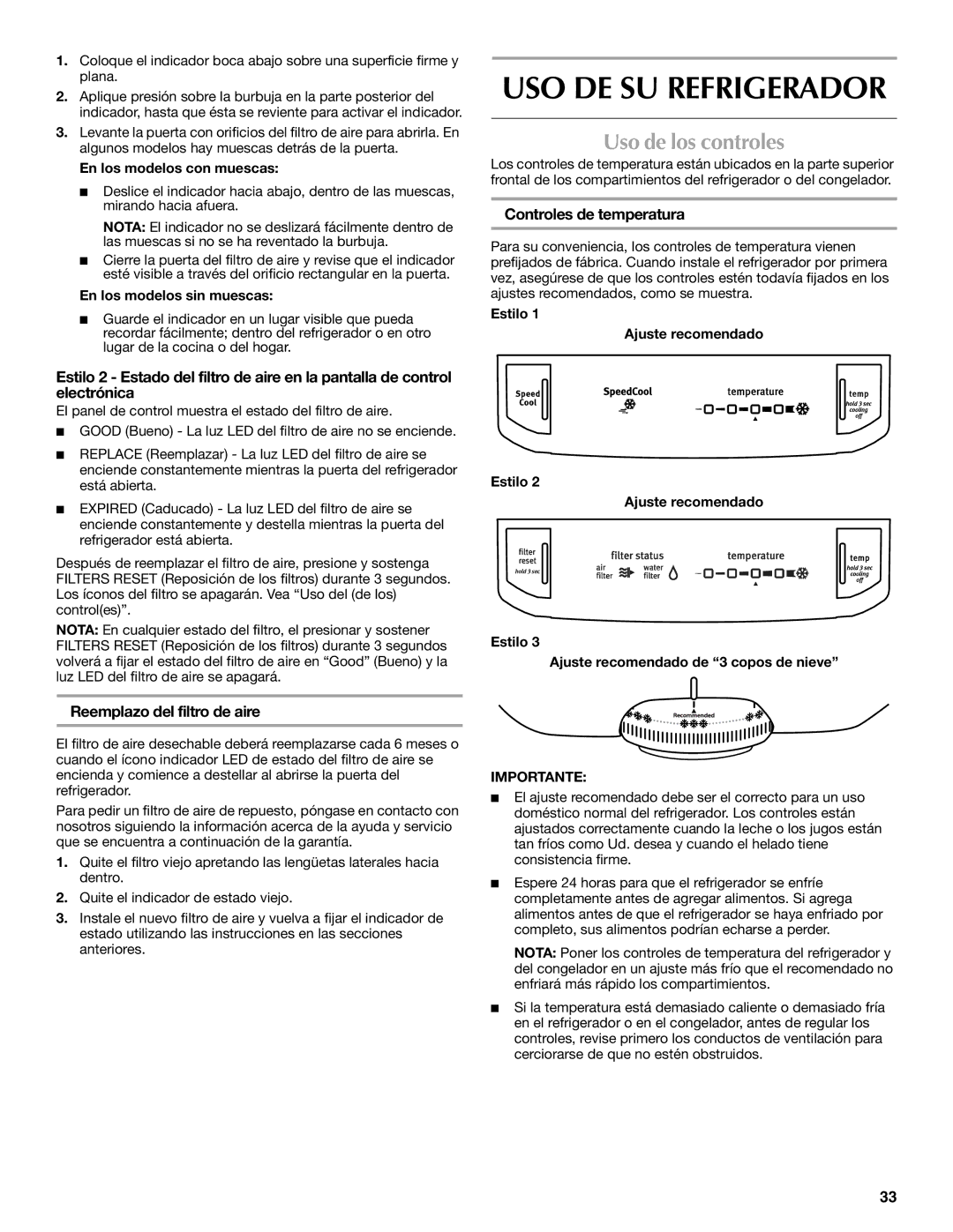 Maytag W10359302A USO DE SU Refrigerador, Uso de los controles, Controles de temperatura, Reemplazo del filtro de aire 