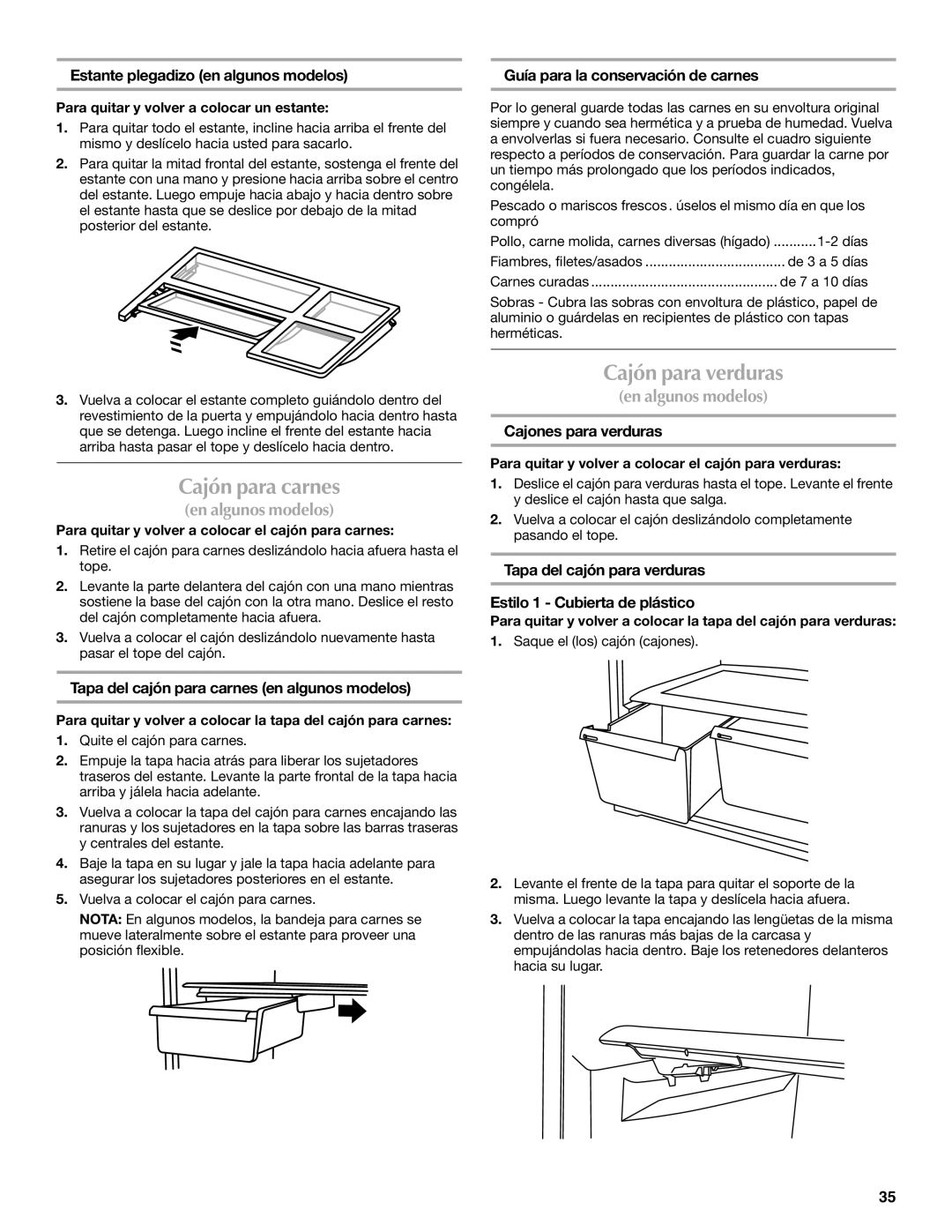 Maytag W10359302A installation instructions Cajón para carnes, Cajón para verduras 