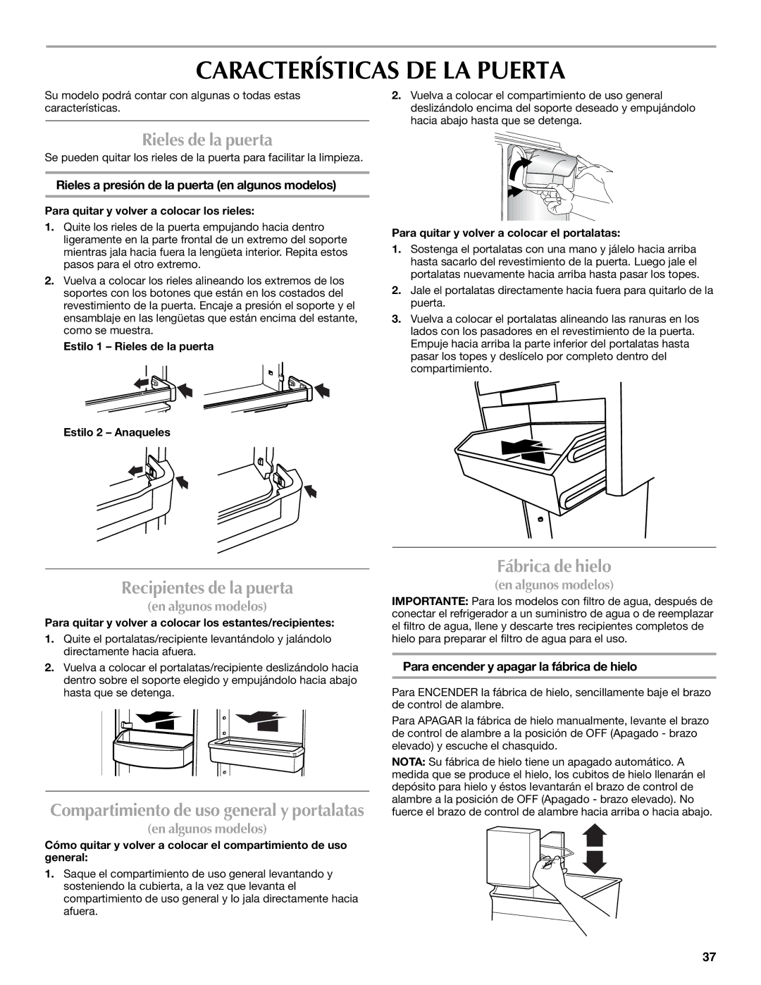 Maytag W10359302A Características DE LA Puerta, Rieles de la puerta, Recipientes de la puerta, Fábrica de hielo 