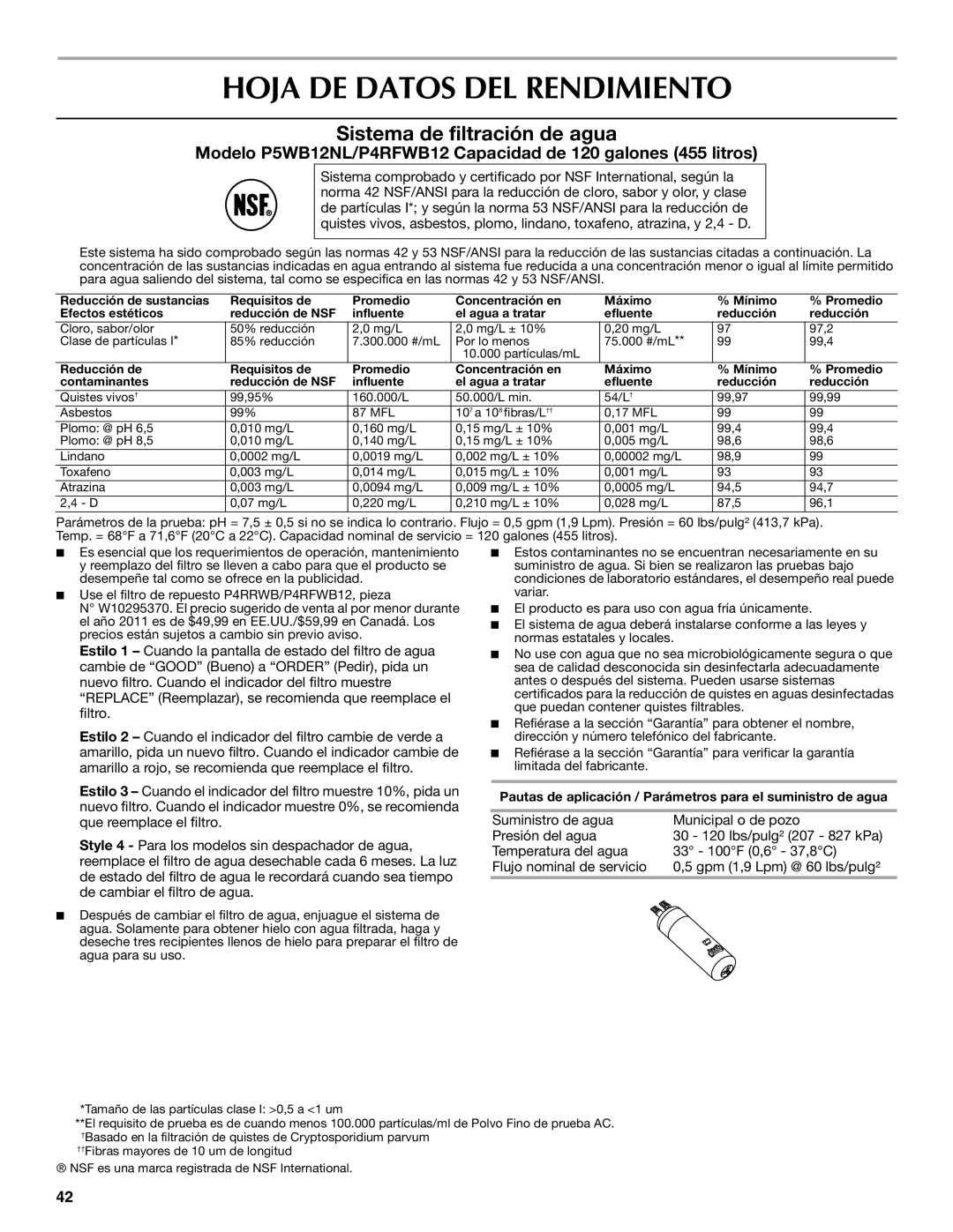 Maytag W10359302A installation instructions Hoja DE Datos DEL Rendimiento, Sistema de filtración de agua 