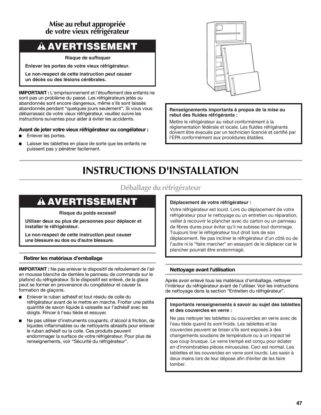 Maytag W10359302A Instructions Dinstallation, Déballage du réfrigérateur, Retirer les matériaux d’emballage 