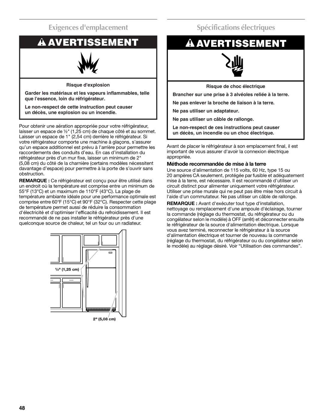 Maytag W10359302A Exigences demplacement, Spécifications électriques, Méthode recommandée de mise à la terre 