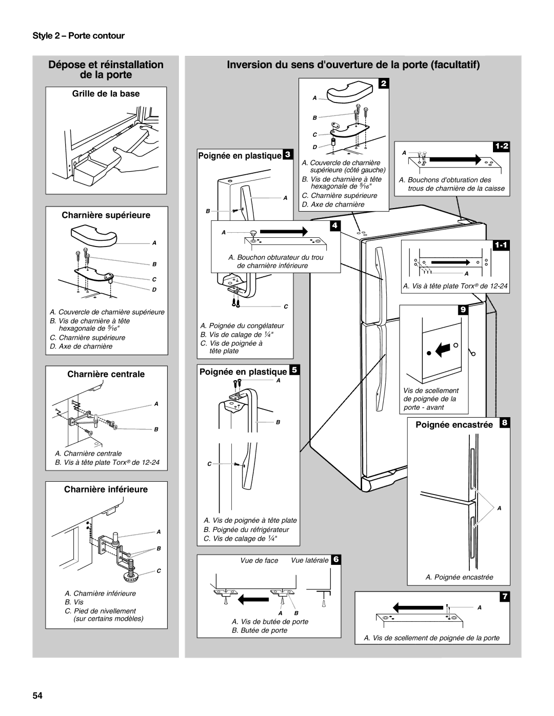 Maytag W10359302A installation instructions Style 2 Porte contour, Poignée en plastique 