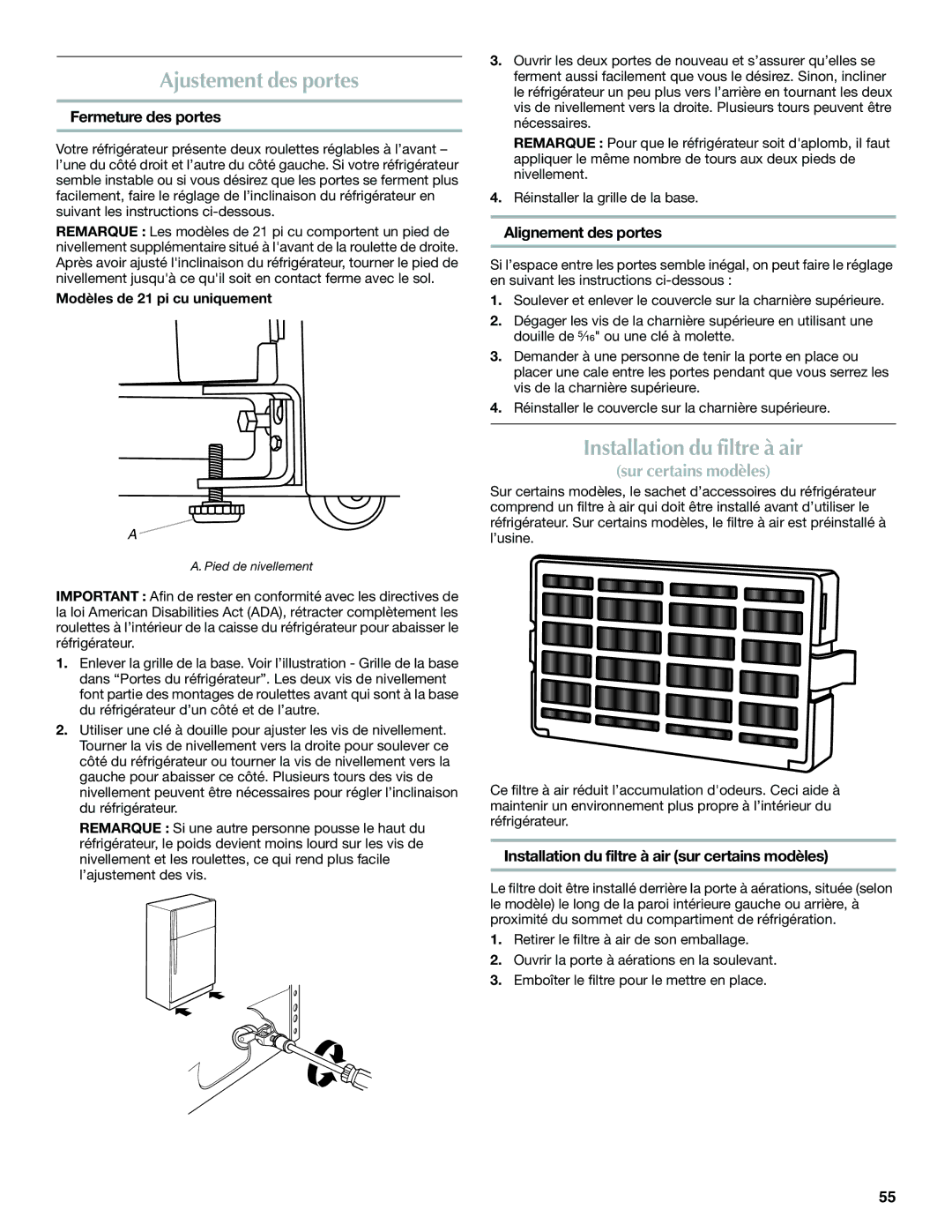 Maytag W10359302A Ajustement des portes, Installation du filtre à air, Fermeture des portes, Alignement des portes 