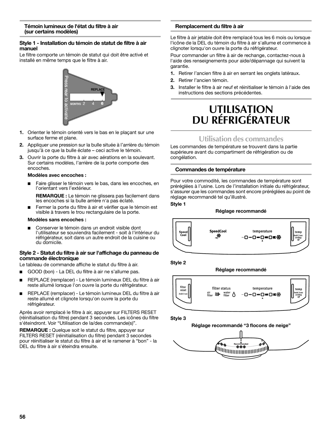 Maytag W10359302A Utilisation DU Réfrigérateur, Utilisation des commandes, Remplacement du filtre à air 