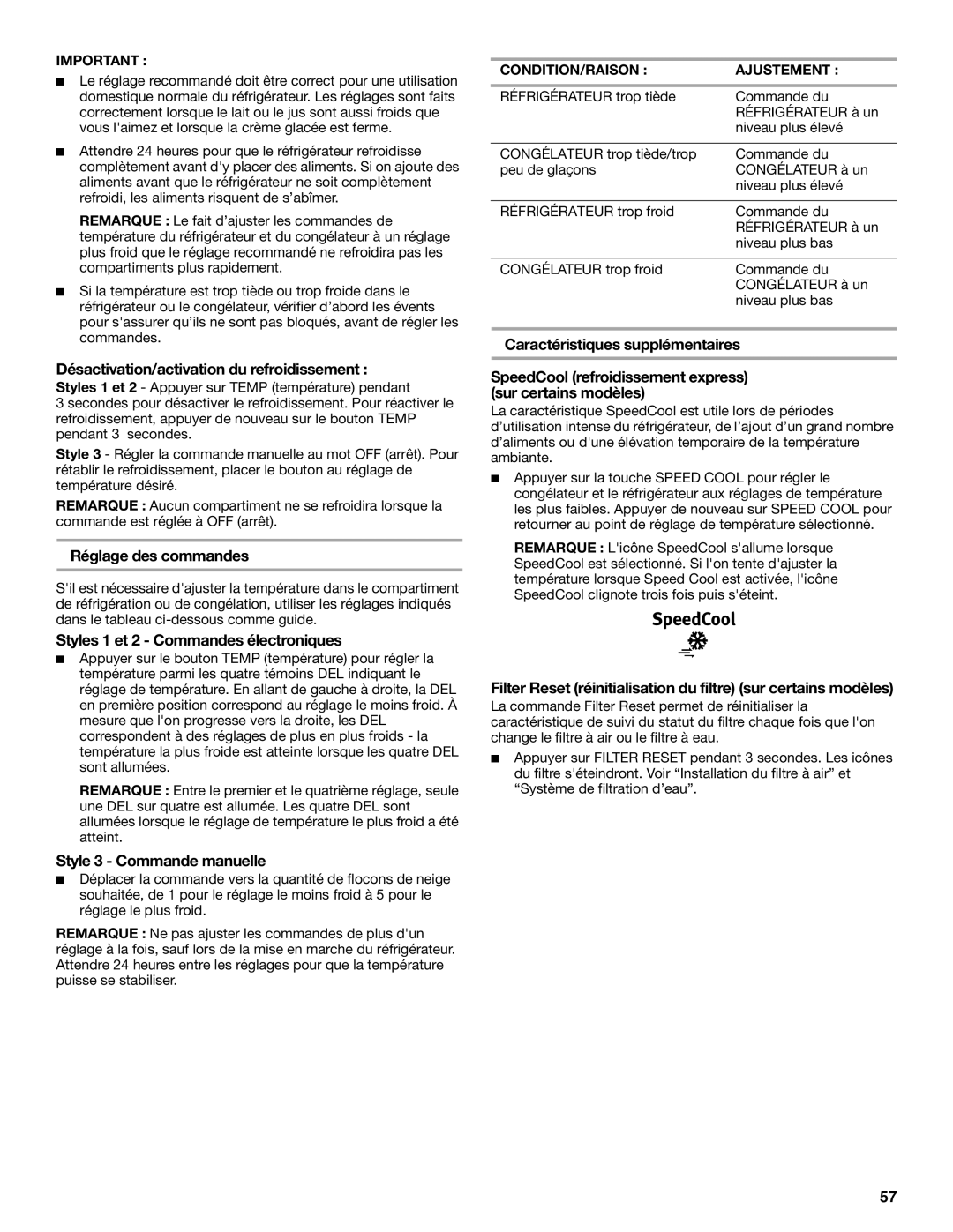 Maytag W10359302A Désactivation/activation du refroidissement, Réglage des commandes, Style 3 Commande manuelle 