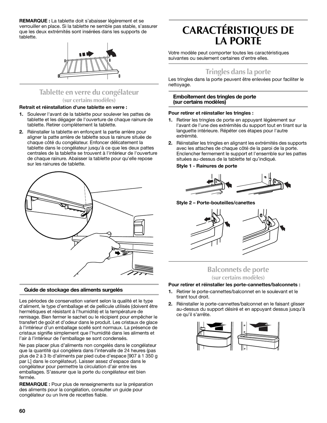 Maytag W10359302A Caractéristiques DE LA Porte, Tablette en verre du congélateur, Tringles dans la porte 