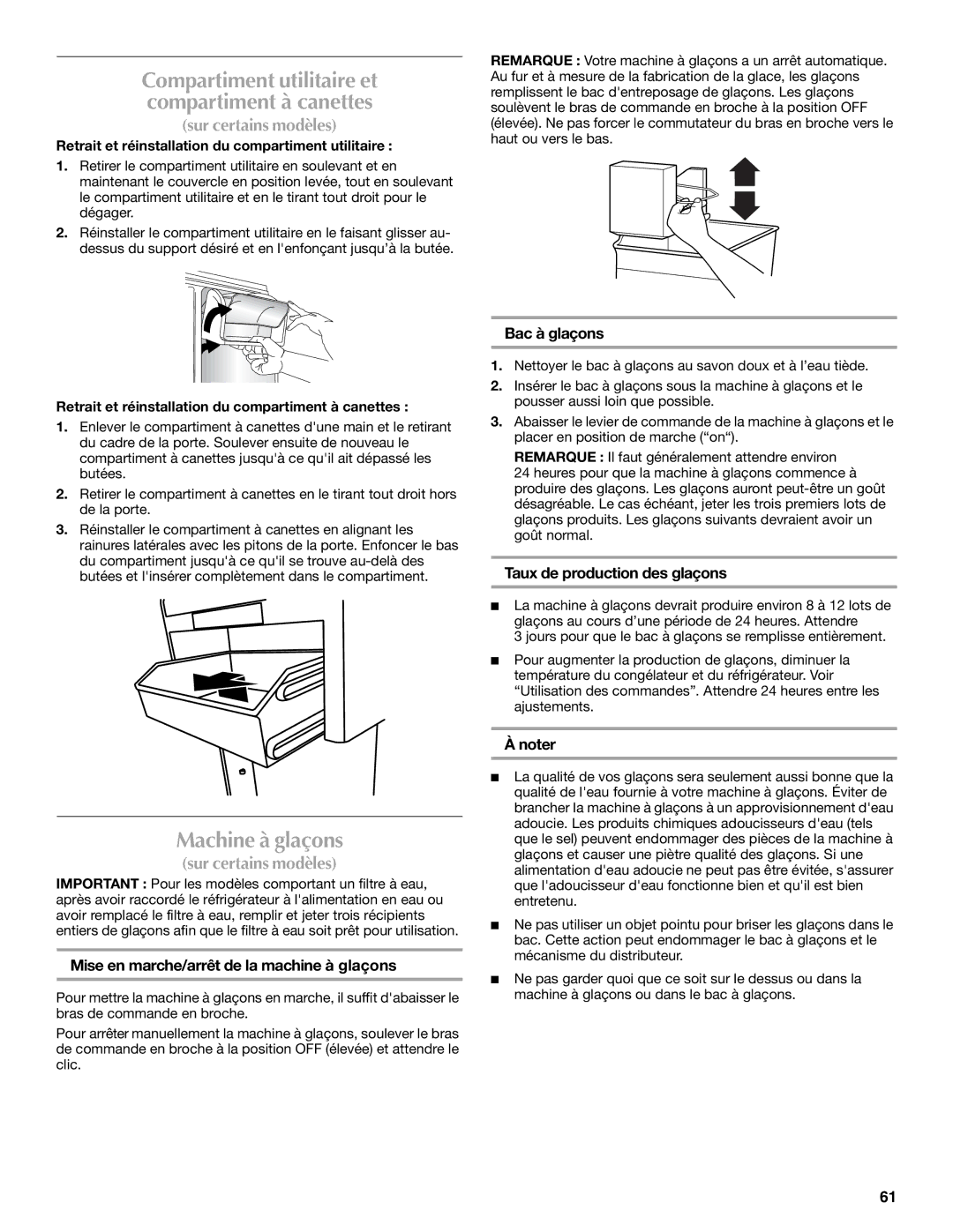 Maytag W10359302A installation instructions Machine à glaçons, Mise en marche/arrêt de la machine à glaçons, Bac à glaçons 