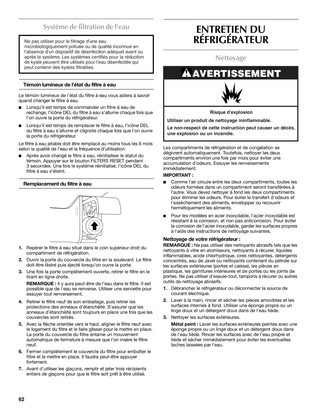 Maytag W10359302A installation instructions Entretien DU Réfrigérateur, Système de filtration de leau, Nettoyage 