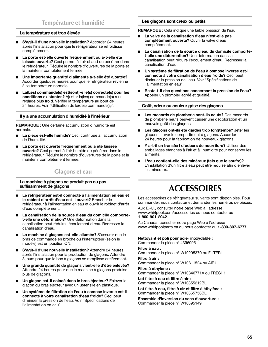 Maytag W10359302A installation instructions Accessoires, Température et humidité, Glaçons et eau 