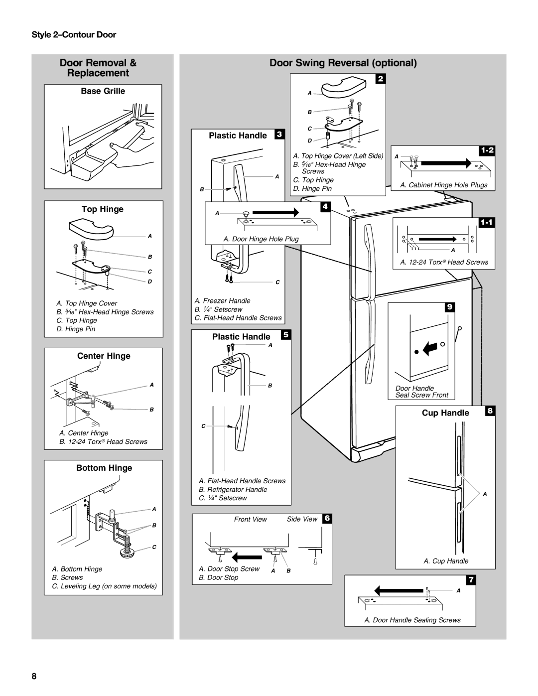 Maytag W10359302A installation instructions Door Removal Door Swing Reversal optional Replacement, Style 2-Contour Door 