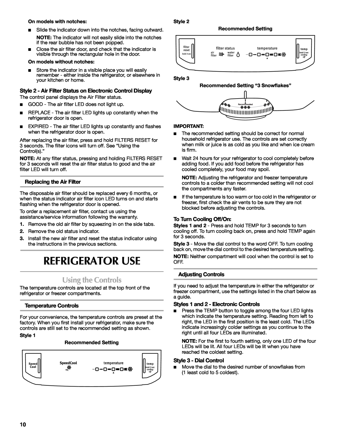 Maytag W10359302A Refrigerator Use, Using the Controls, Replacing the Air Filter, Temperature Controls, Adjusting Controls 