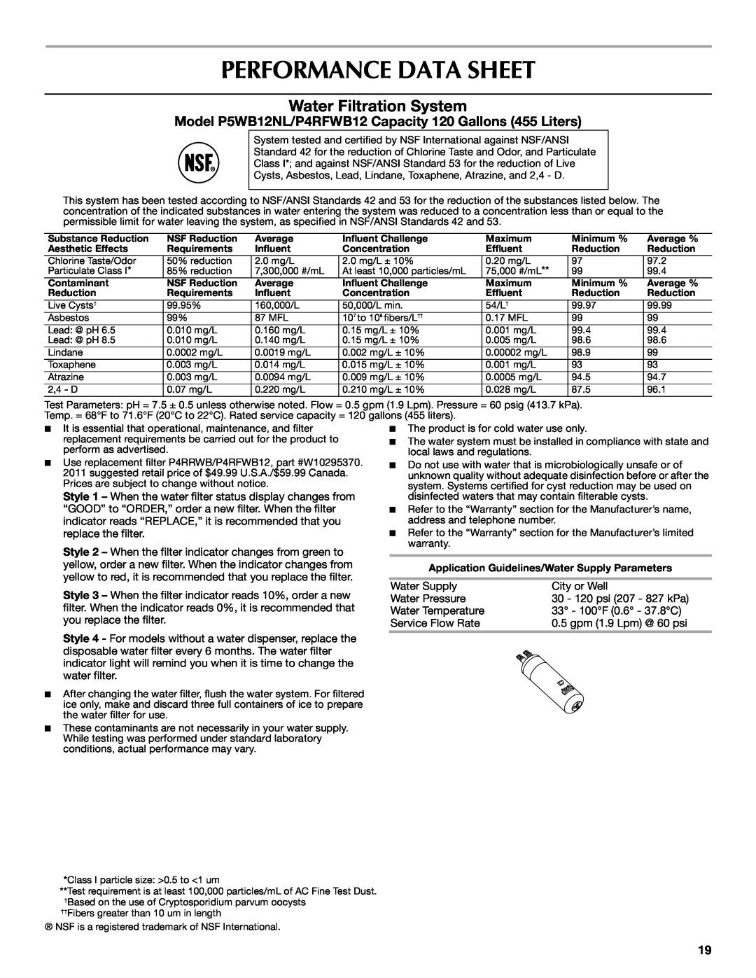 Maytag W10359302A installation instructions Performance Data Sheet, Water Filtration System 