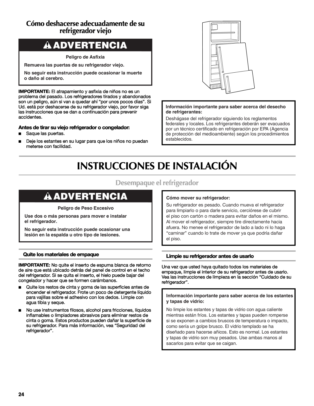 Maytag W10359302A Instrucciones De Instalación, Advertencia, refrigerador viejo, Desempaque el refrigerador 