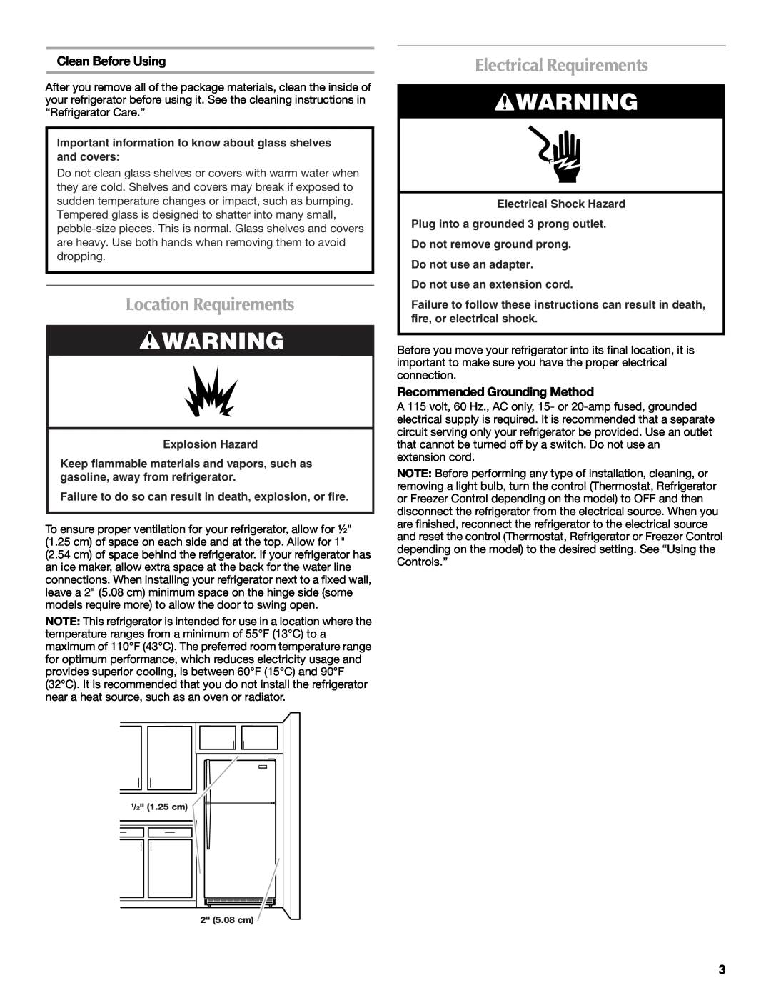 Maytag W10359302A Location Requirements, Electrical Requirements, Clean Before Using, Recommended Grounding Method 