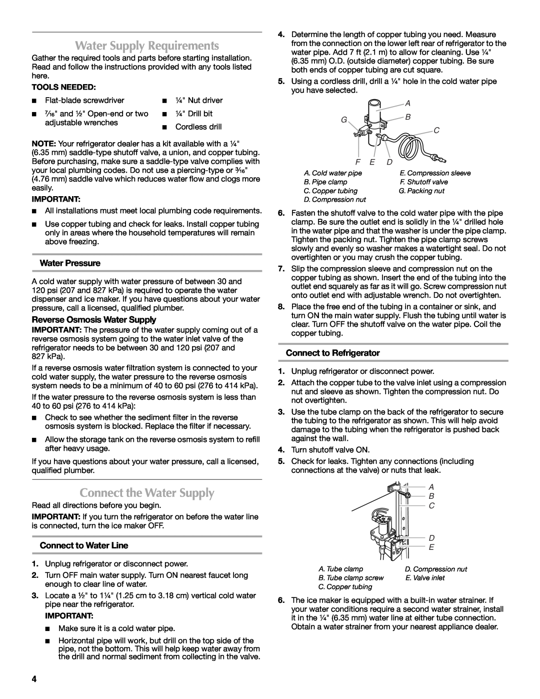 Maytag W10359302A Water Supply Requirements, Connect the Water Supply, Water Pressure, Reverse Osmosis Water Supply 