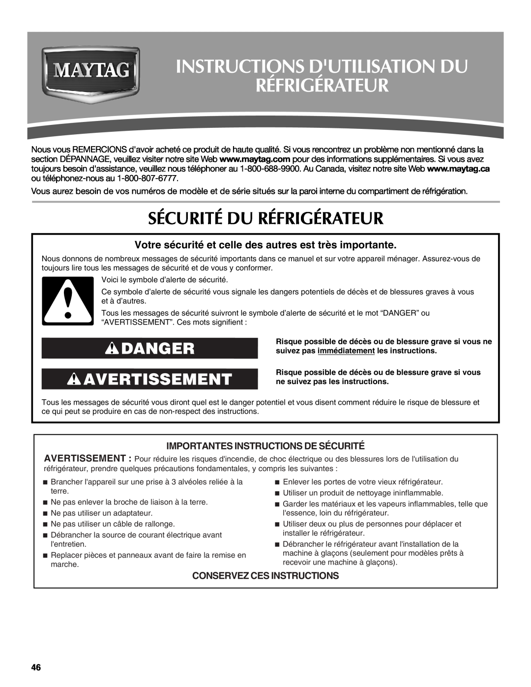 Maytag W10359302A Instructions Dutilisation Du Réfrigérateur, Sécurité Du Réfrigérateur, Danger Avertissement 