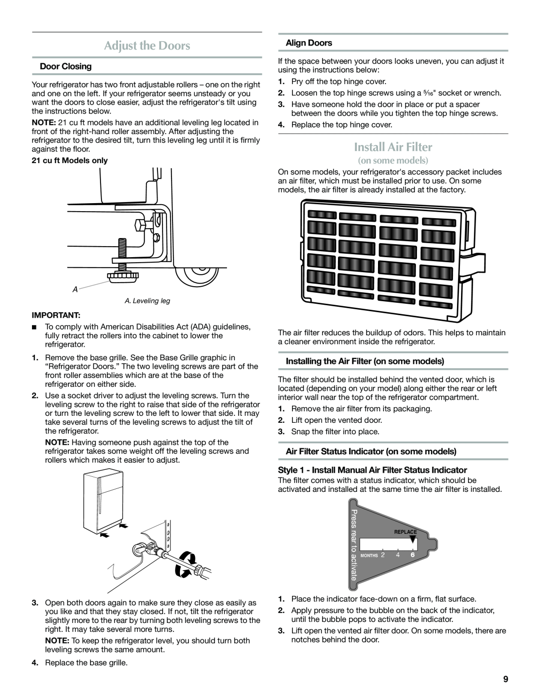 Maytag W10359302A installation instructions Adjust the Doors, Install Air Filter, on some models, Door Closing, Align Doors 