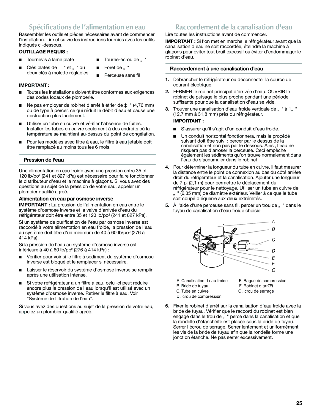 Maytag W10366206A Raccordement de la canalisation deau, Pression de leau, Alimentation en eau par osmose inverse 