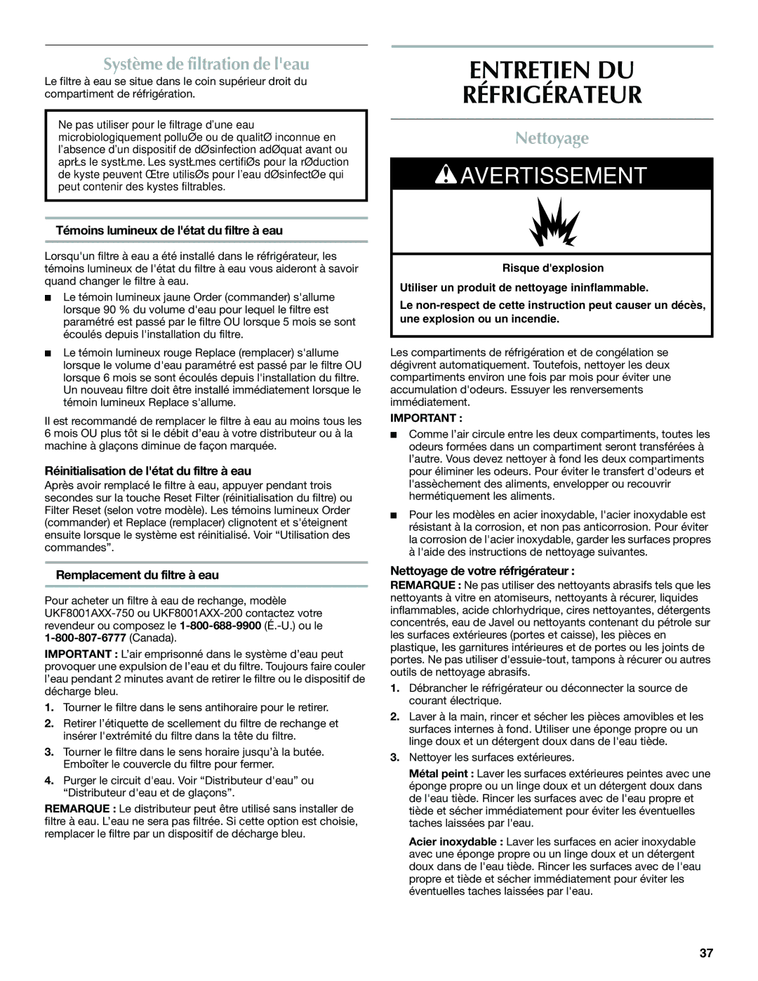 Maytag W10366206A installation instructions Entretien DU Réfrigérateur, Système de filtration de leau, Nettoyage 