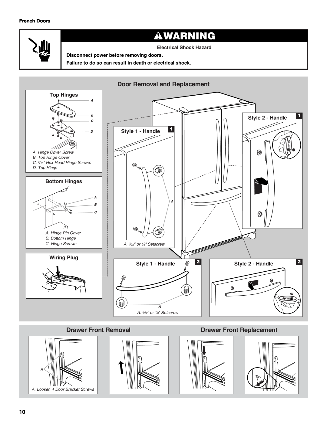 Maytag W10366206A Door Removal and Replacement, Drawer Front Removal, Drawer Front Replacement, Top Hinges, Bottom Hinges 