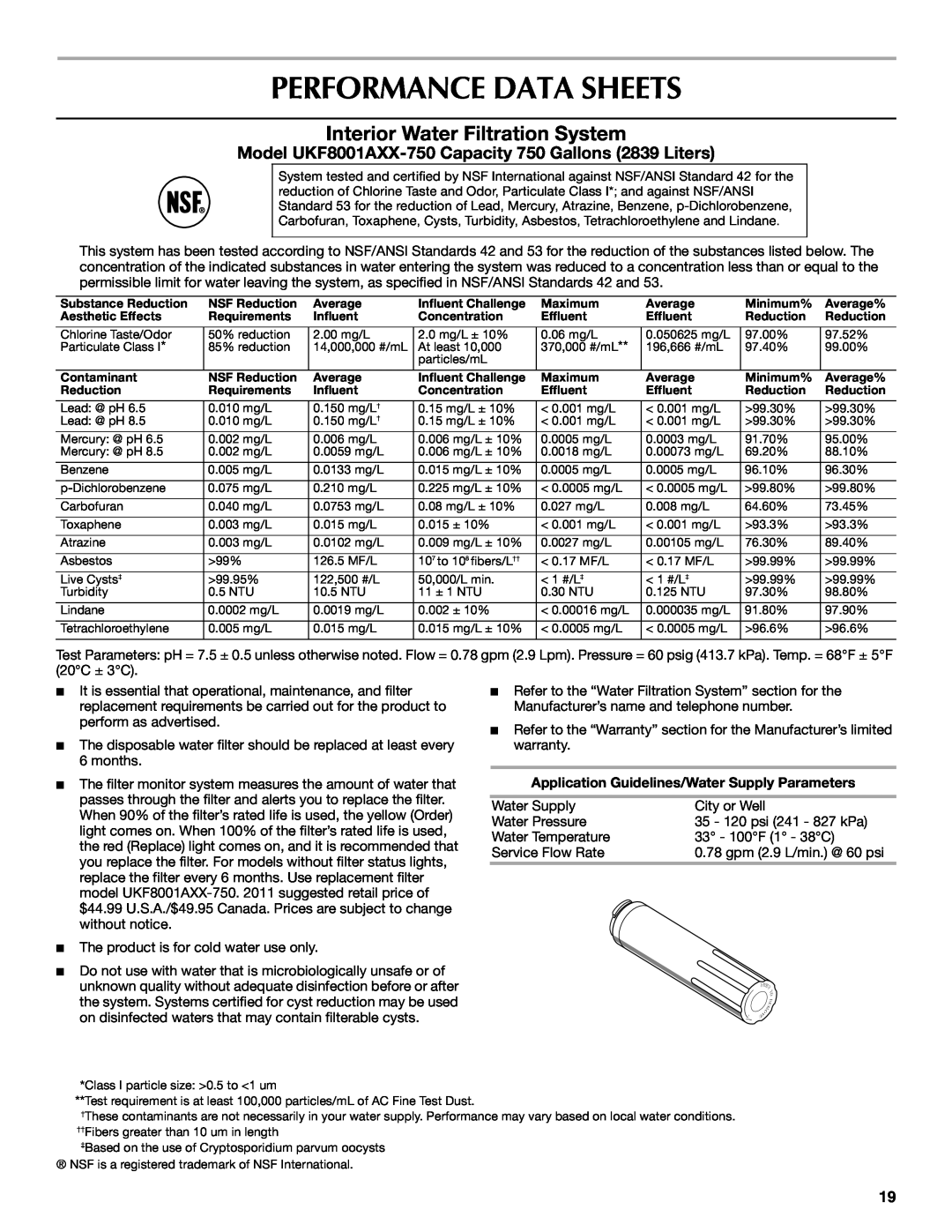 Maytag W10366206A installation instructions Performance Data Sheets, Interior Water Filtration System 