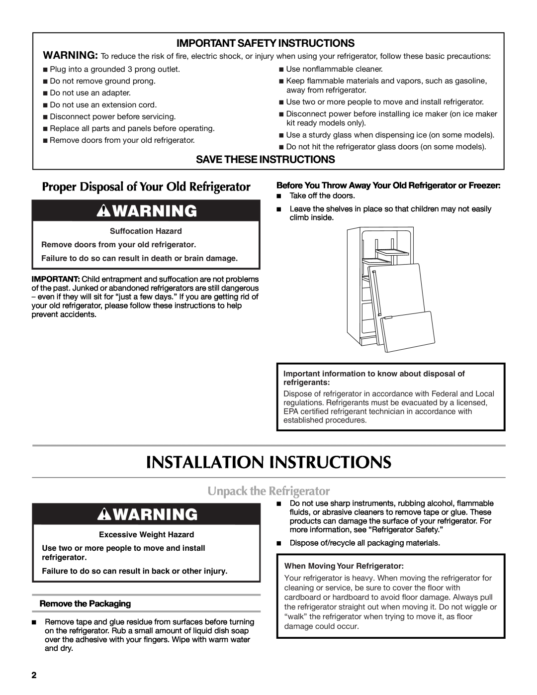 Maytag W10366206A Installation Instructions, Unpack the Refrigerator, Important Safety Instructions, Remove the Packaging 
