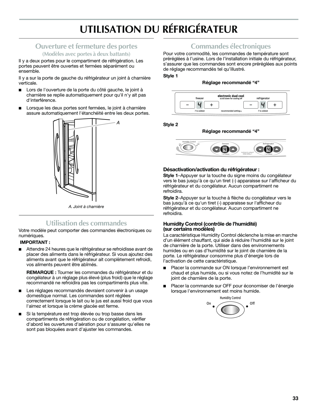 Maytag W10366206A Utilisation Du Réfrigérateur, Ouverture et fermeture des portes, Utilisation des commandes 