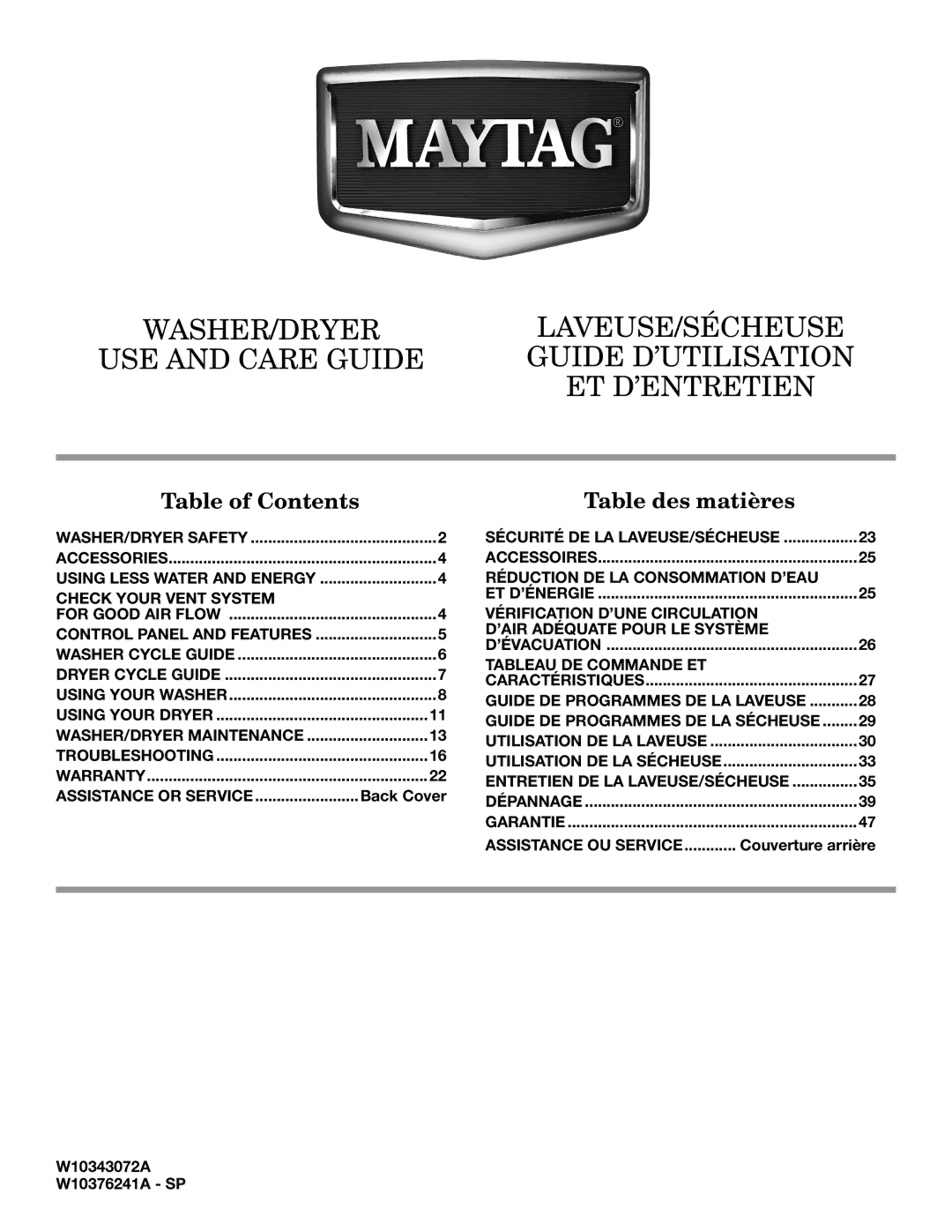 Maytag W10343072A, W10376241A - SP warranty Table of Contents 