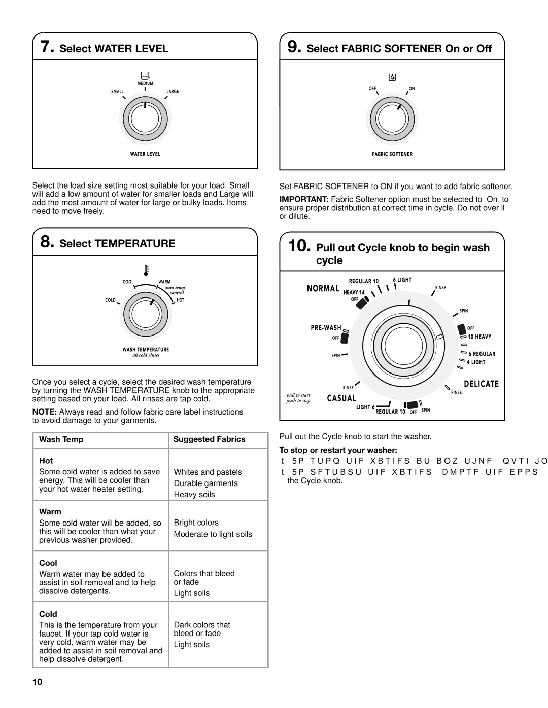 Maytag W10376241A - SP, W10343072A warranty Select Water Level Select Fabric Softener On or Off 