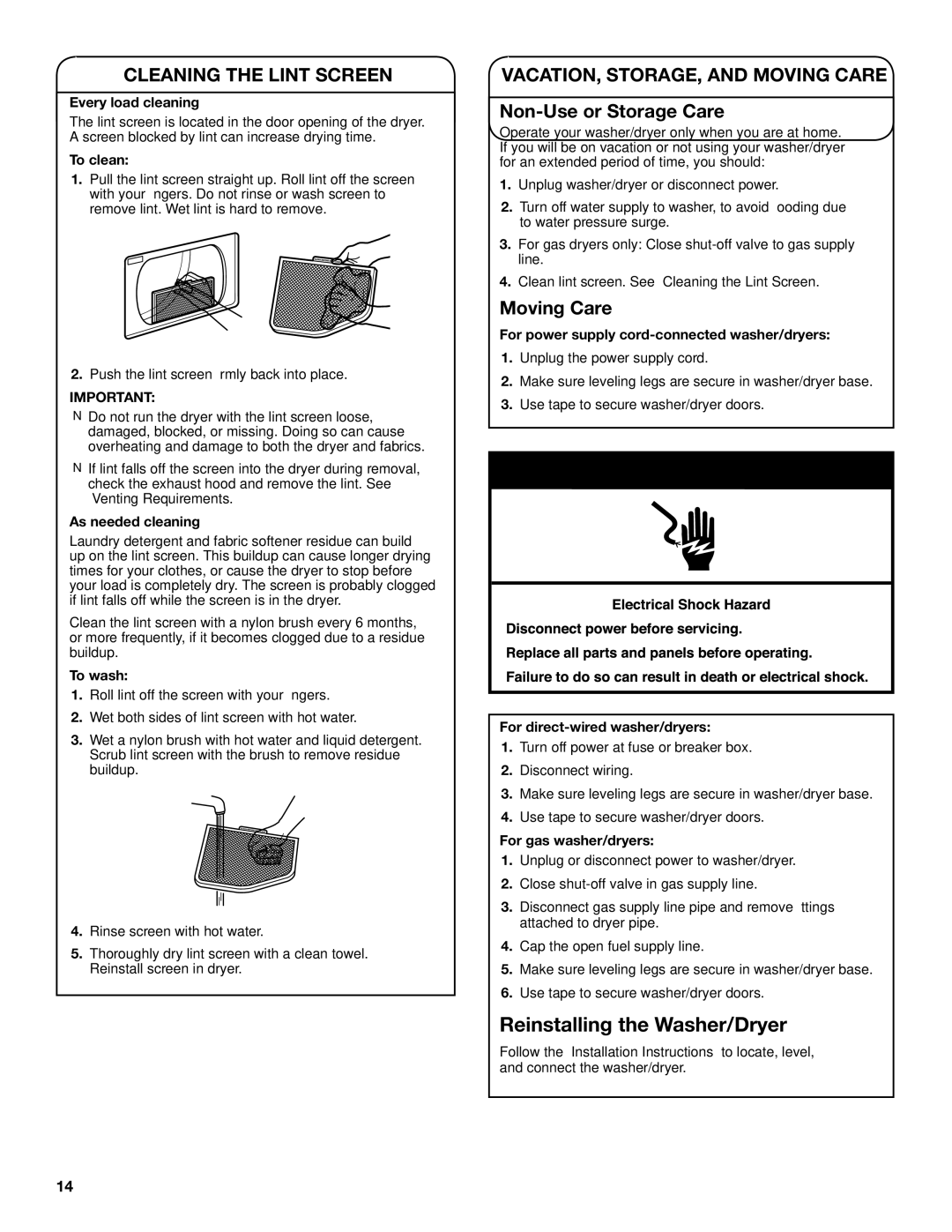 Maytag W10376241A - SP Cleaning the lint screen, Vacation, storage, and moving care Non-Use or Storage Care, Moving Care 