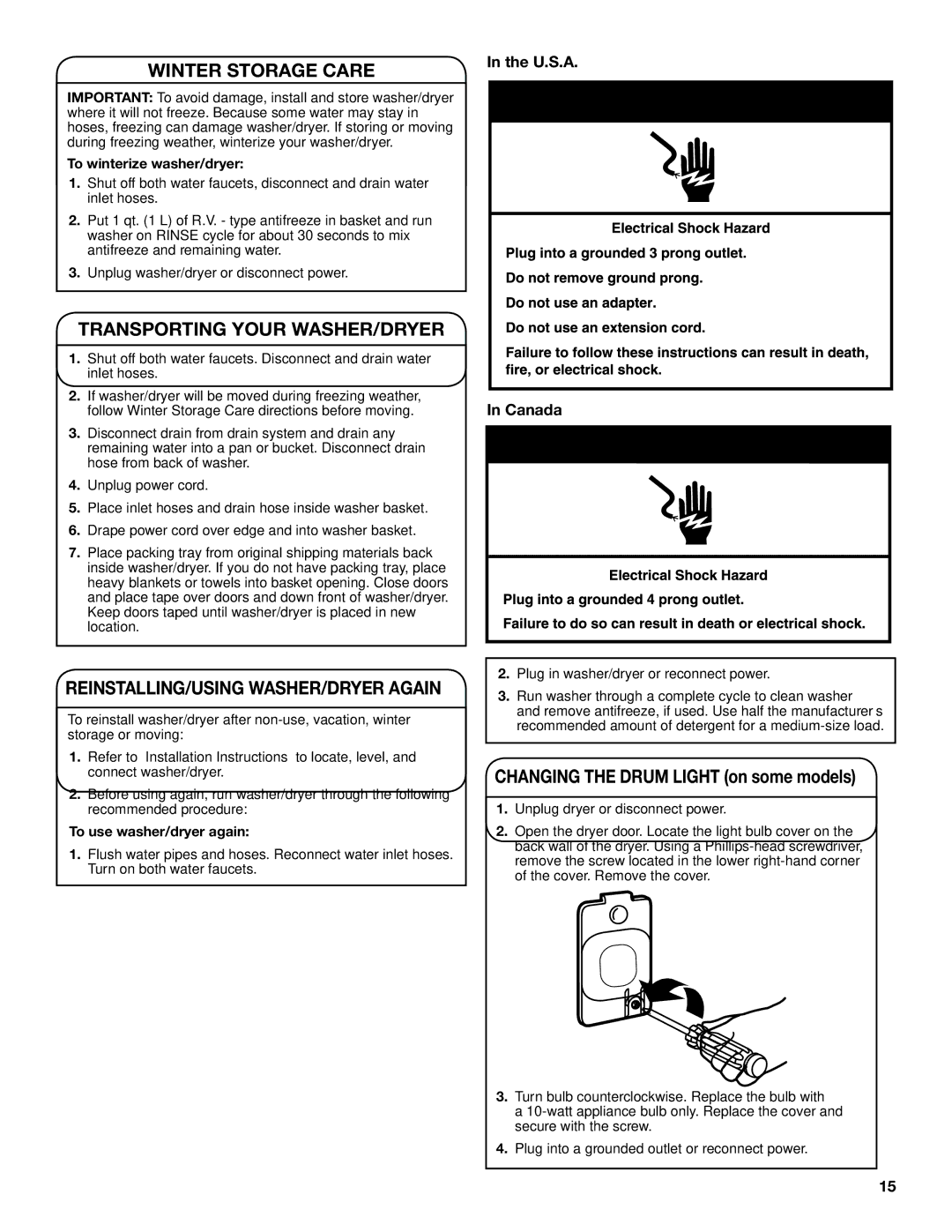 Maytag W10343072A Winter Storage Care, Transporting Your WASHER/DRYER, Changing the drum light on some models, U.S.A 