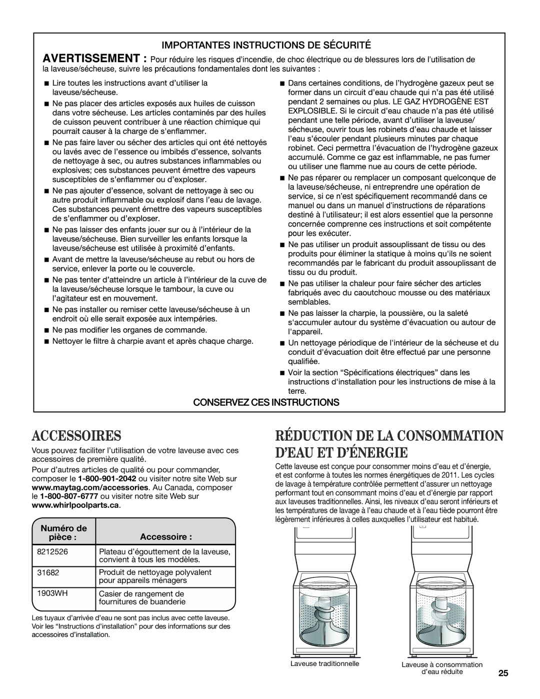 Maytag W10343072A, W10376241A - SP warranty Accessoires, Numéro de Accessoire Pièce 