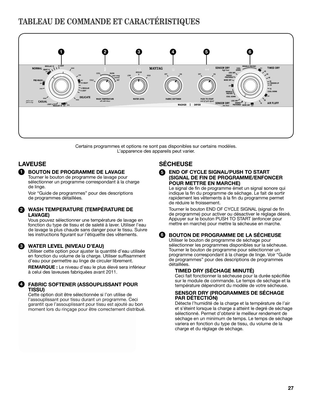 Maytag W10343072A, W10376241A - SP warranty Tableau DE Commande ET Caractéristiques, Laveuse, Sécheuse 