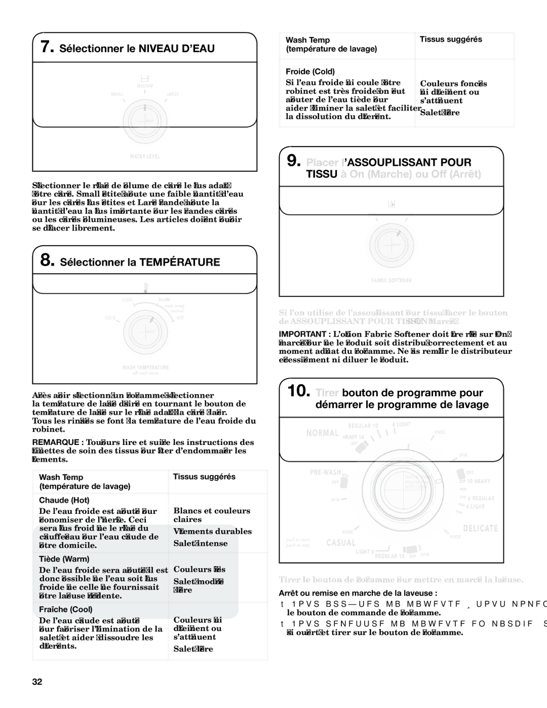 Maytag W10376241A - SP, W10343072A warranty Sélectionner le niveau d’eau, Sélectionner la température 