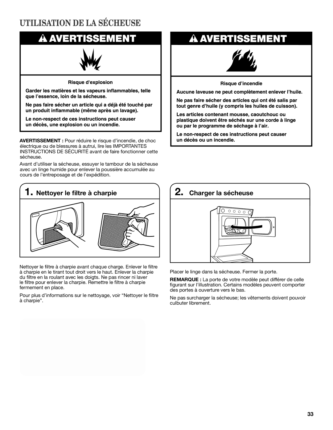 Maytag W10343072A, W10376241A - SP warranty Utilisation DE LA Sécheuse, Nettoyer le filtre à charpie Charger la sécheuse 