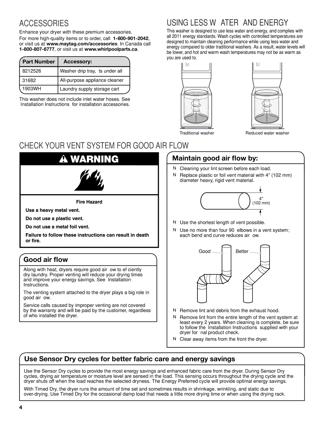 Maytag W10376241A - SP, W10343072A warranty Accessories, Check Your Vent System for Good AIR Flow, Part Number Accessory 