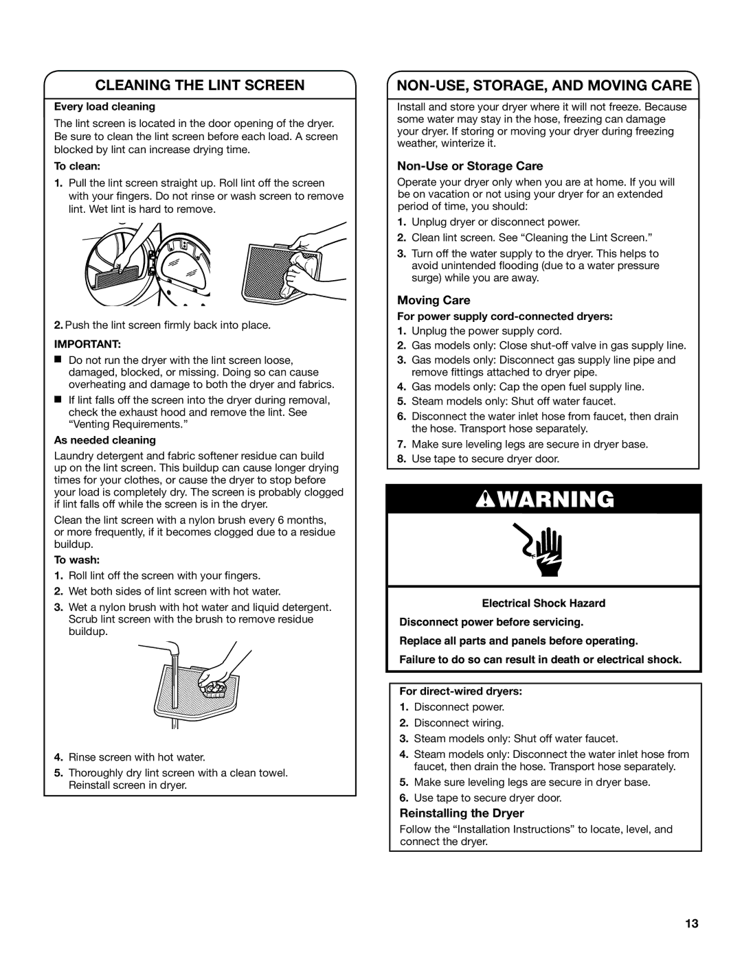 Maytag W10385091A - SP, W10385090A Cleaning the Lint Screen, NON-USE, STORAGE, and Moving Care, Non-Use or Storage Care 