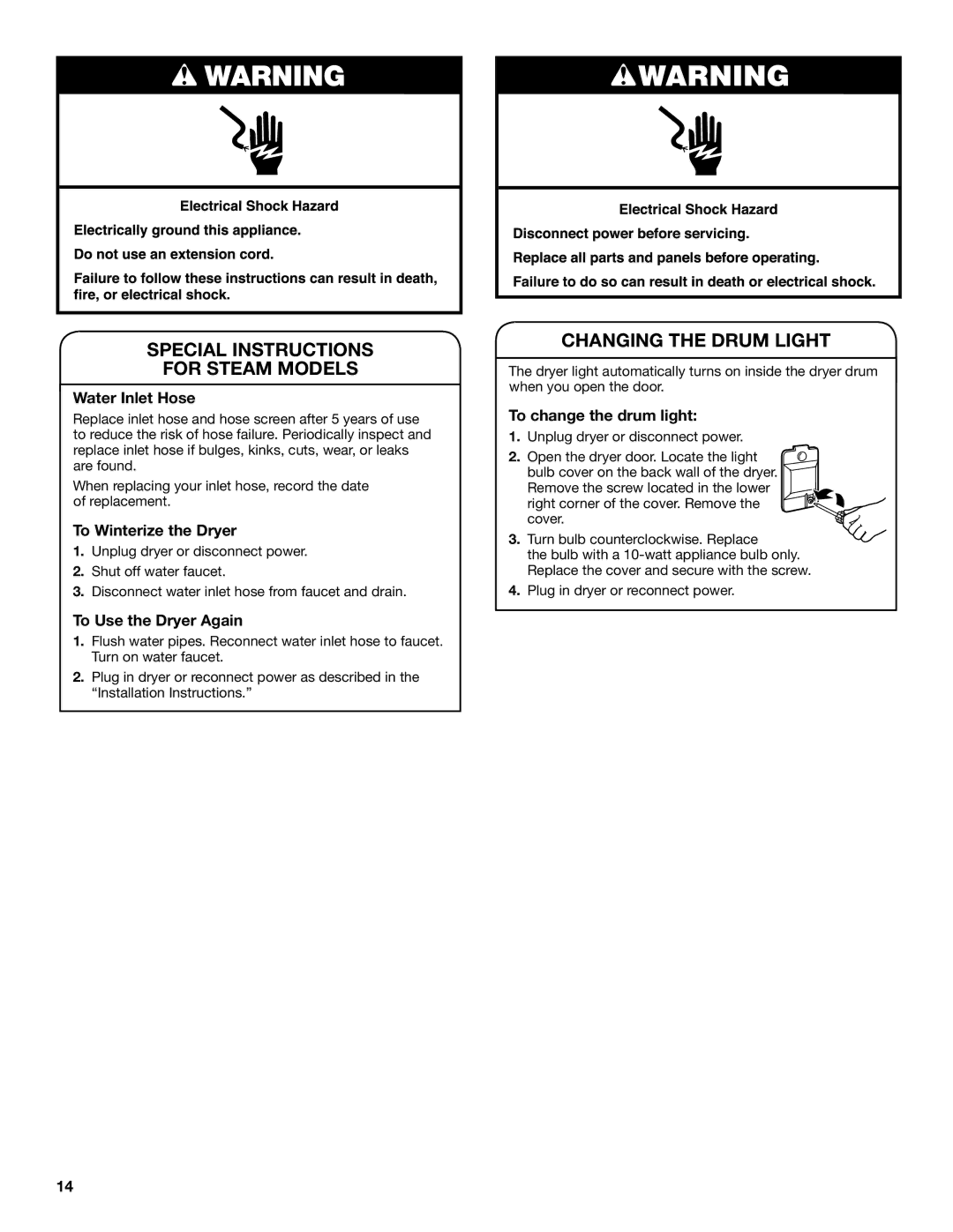 Maytag W10385090A, W10385091A - SP manual Special Instructions For Steam Models, Changing the Drum Light 