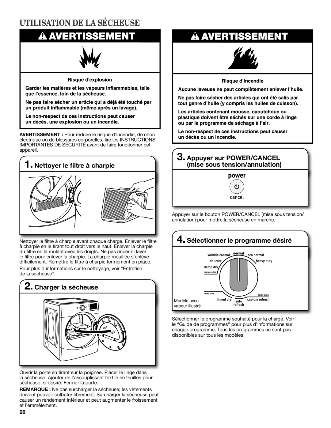 Maytag W10385090A, W10385091A - SP manual Utilisation DE LA Sécheuse, Nettoyer le filtre à charpie, Charger la sécheuse 