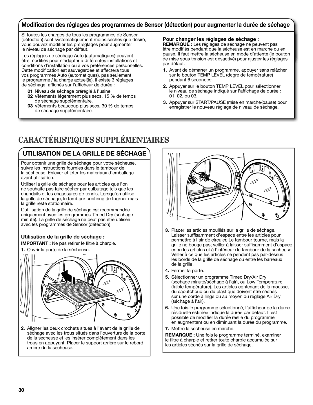 Maytag W10385090A, W10385091A - SP manual Caractéristiques Supplémentaires, Utilisation DE LA Grille DE Séchage 