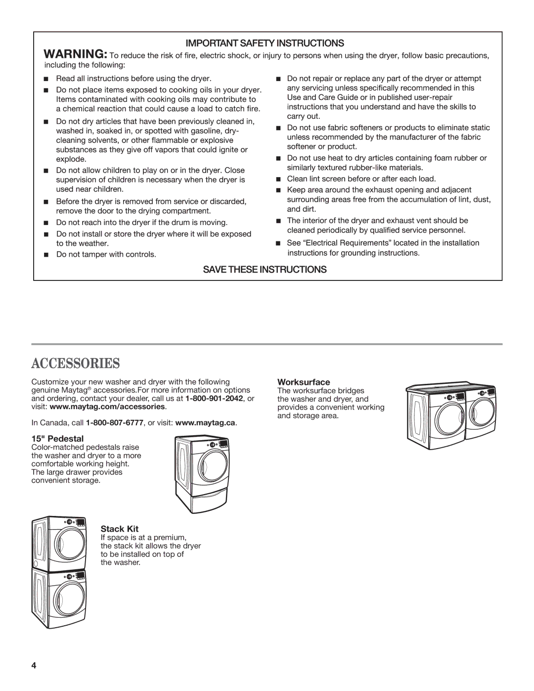 Maytag W10385090A, W10385091A - SP manual Pedestal, Stack Kit, Worksurface 