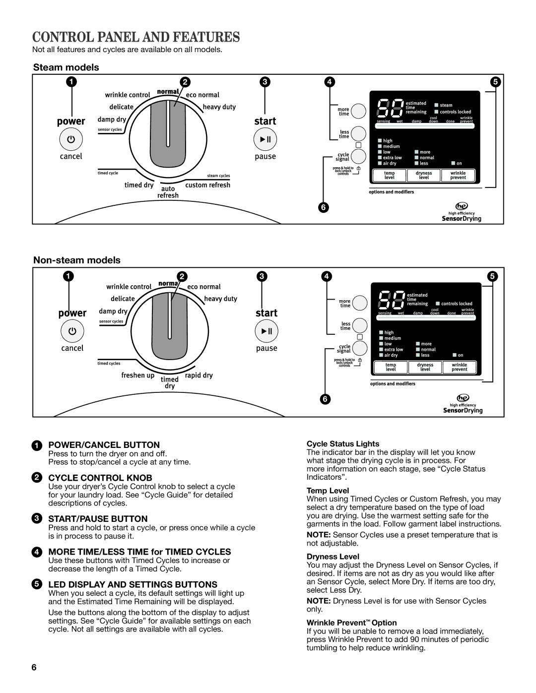 Maytag W10385090A, W10385091A - SP manual Control Panel and Features, More TIME/LESS Time for Timed Cycles 