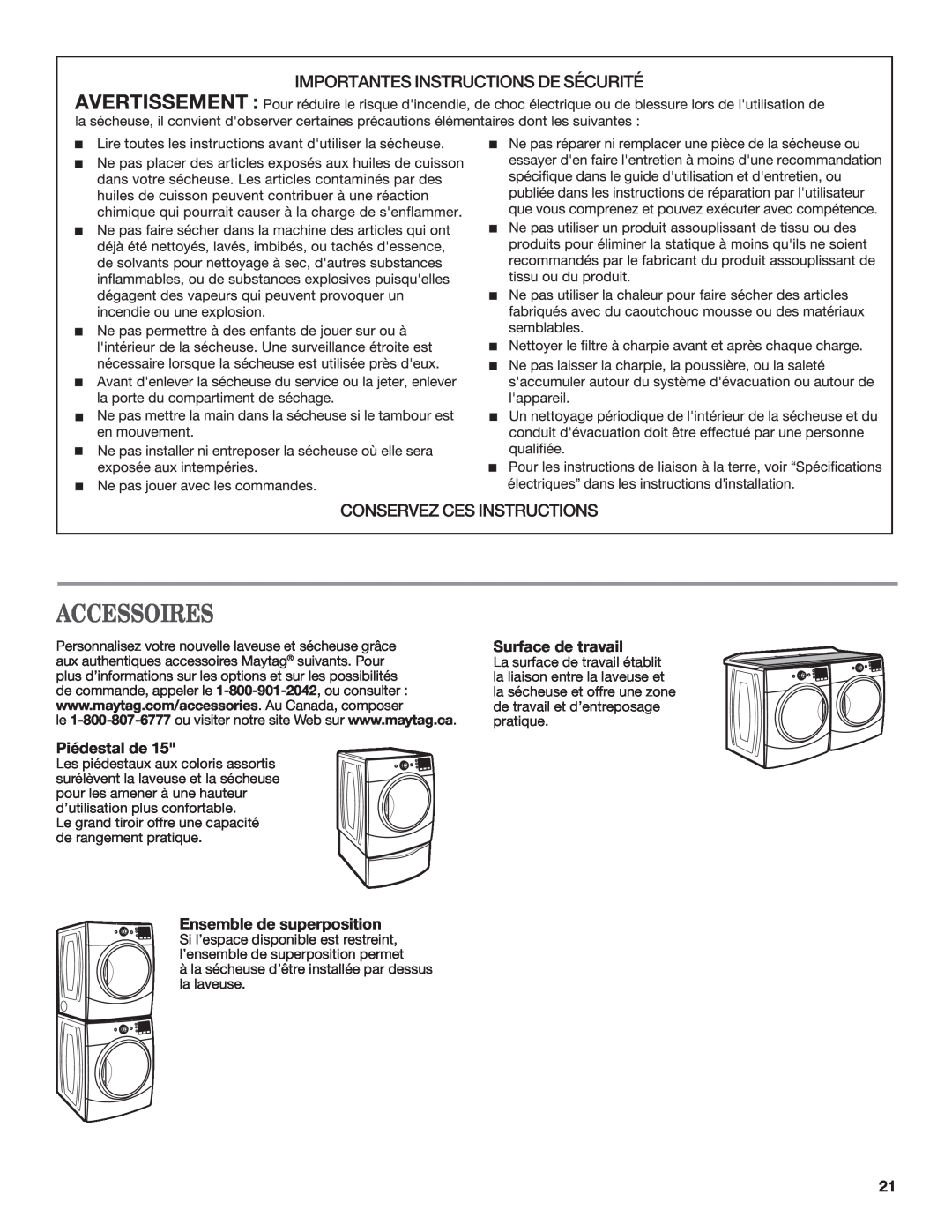 Maytag W10385091A - SP, W10385090A manual Accessoires, Piédestal de, Ensemble de superposition, Surface de travail 