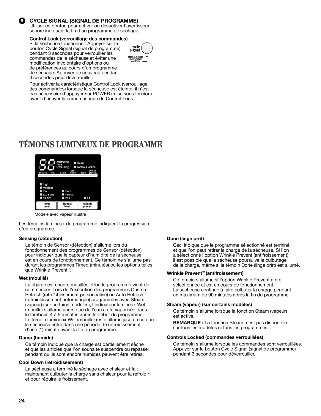 Maytag W10385090A manual Témoins Lumineux De Programme, Cycle Signal Signal De Programme, Sensing détection, Wet mouillé 
