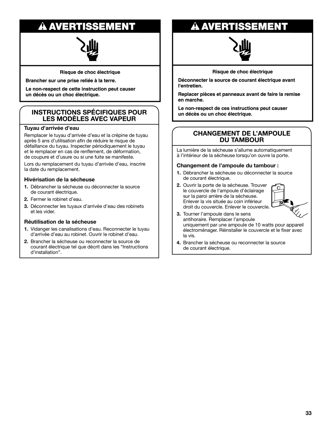 Maytag W10385091A - SP manual Instructions Spécifiques Pour Les Modèles Avec Vapeur, Changement De L’Ampoule Du Tambour 