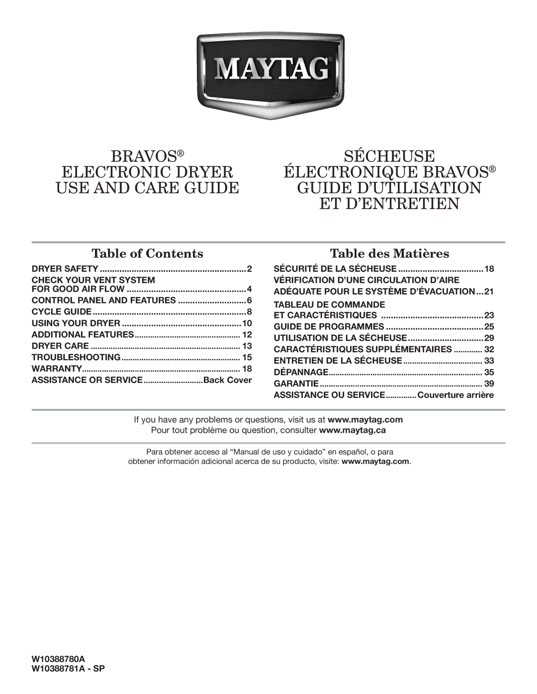 Maytag W10388780A, W10388781A-SP warranty Table of Contents 